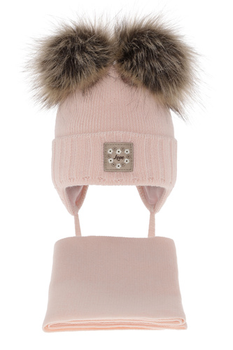 Set invernale bambina: berretto e sciarpa, rosa chiaro, con due pon pon, legato, Jazz