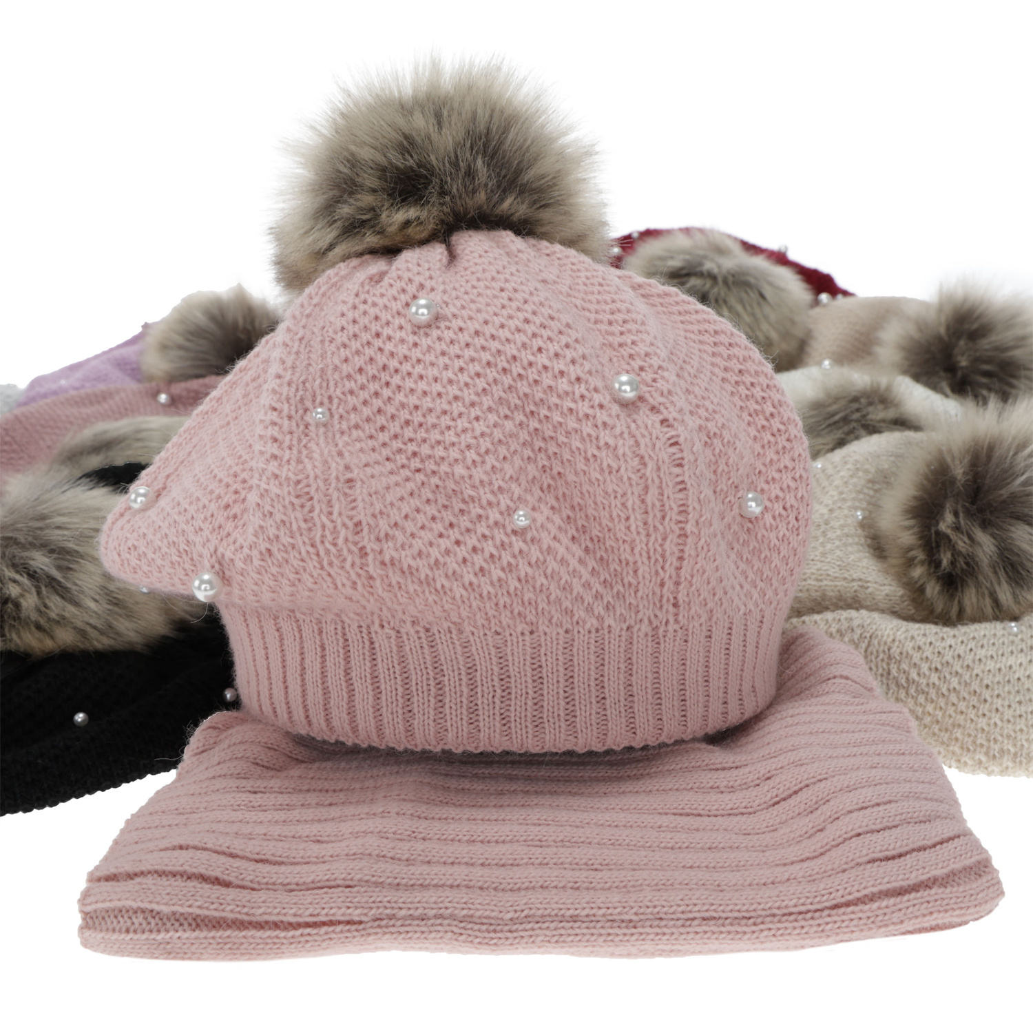 Set invernale bambina: berretto e scaldacollo, rosa, foderato in pile, con pompon, Jeanette