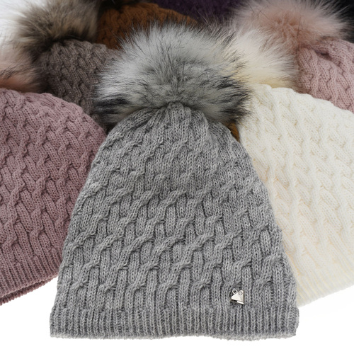 Berretto invernale donna, grigio, con pompon, Kaskada