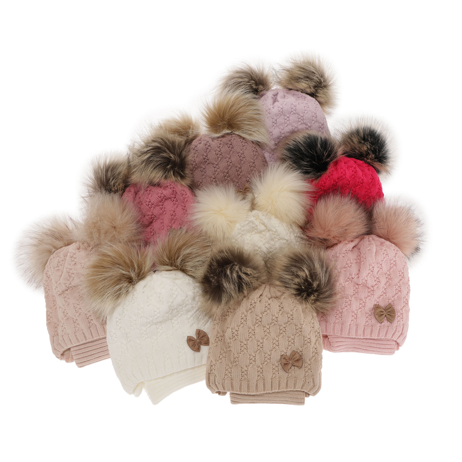 Set invernale bambina: berretto e scaldacollo, beige, con due pon pon, con lacci, Bettina