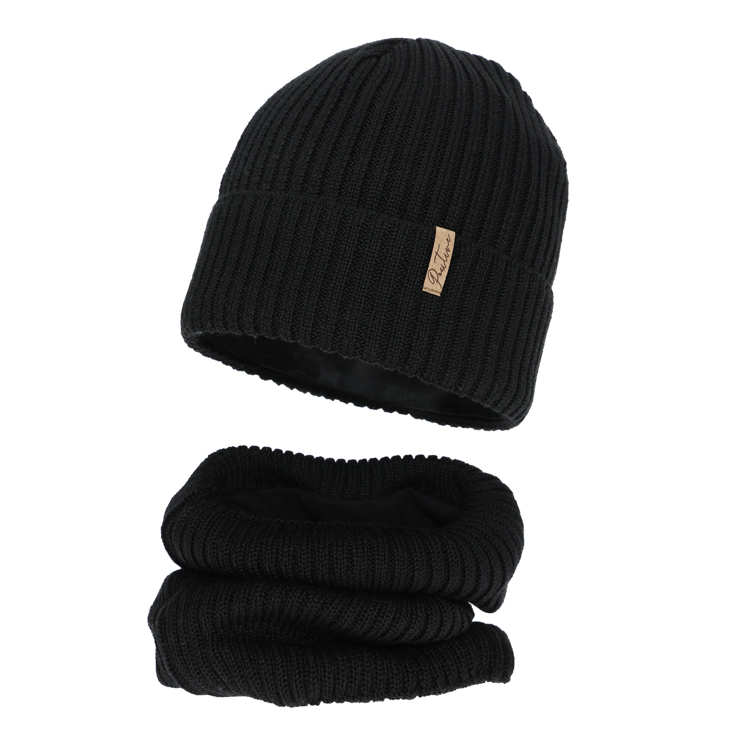 Set invernale bambina (berretto e scaldacollo), nero, foderato in pile, con lana merino, Odette