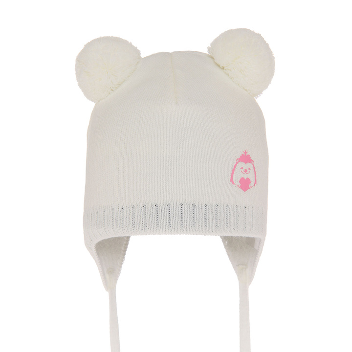 Berretto autunno/primavera bambina, crema, con due pon pon, con lacci, Bunia