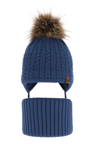 Set invernale bambino: berretto e scaldacollo, blu, con pompon, con lacci, Indigo