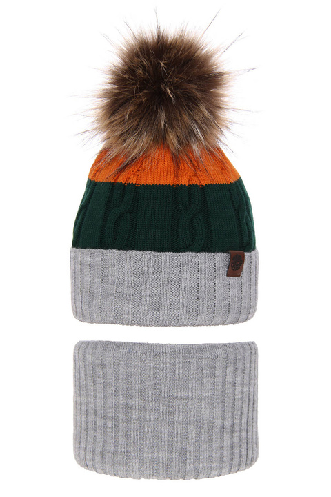 Set invernale bambino: berretto e scaldacollo, grigio, con pompon, Karmel