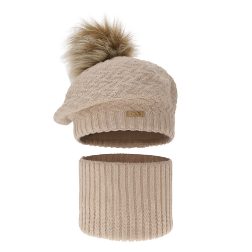 Set invernale bambina: berretto e scaldacollo, beige, con pompon, Atene