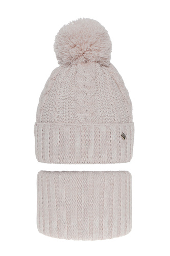 Set invernale bambina: berretto e scaldacollo, rosa chiaro, con pompon, Maroko