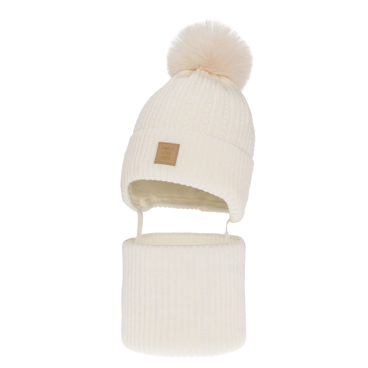 Set invernale bambina: berretto e scaldacollo, crema, con pompon, Betty