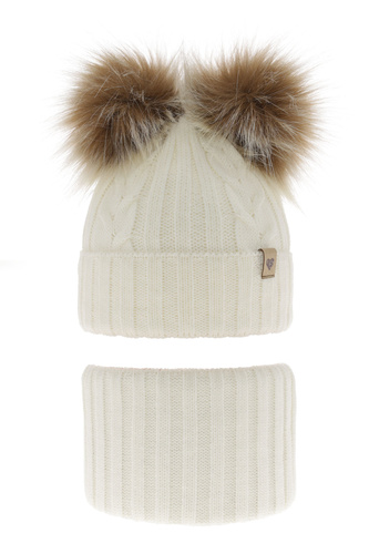 Set invernale bambina: berretto e scaldacollo, crema, con due pon pon, Amala