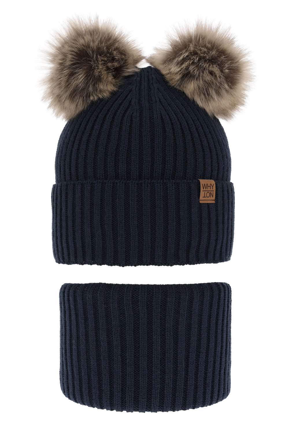 Set invernale bambino: berretto e scaldacollo, blu scuro, con due pon pon, Oxford