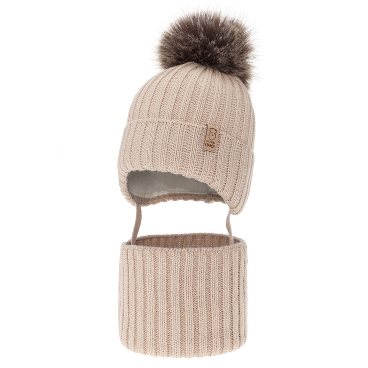 Set invernale bambina: berretto e scaldacollo, beige, con pompon, Abigail