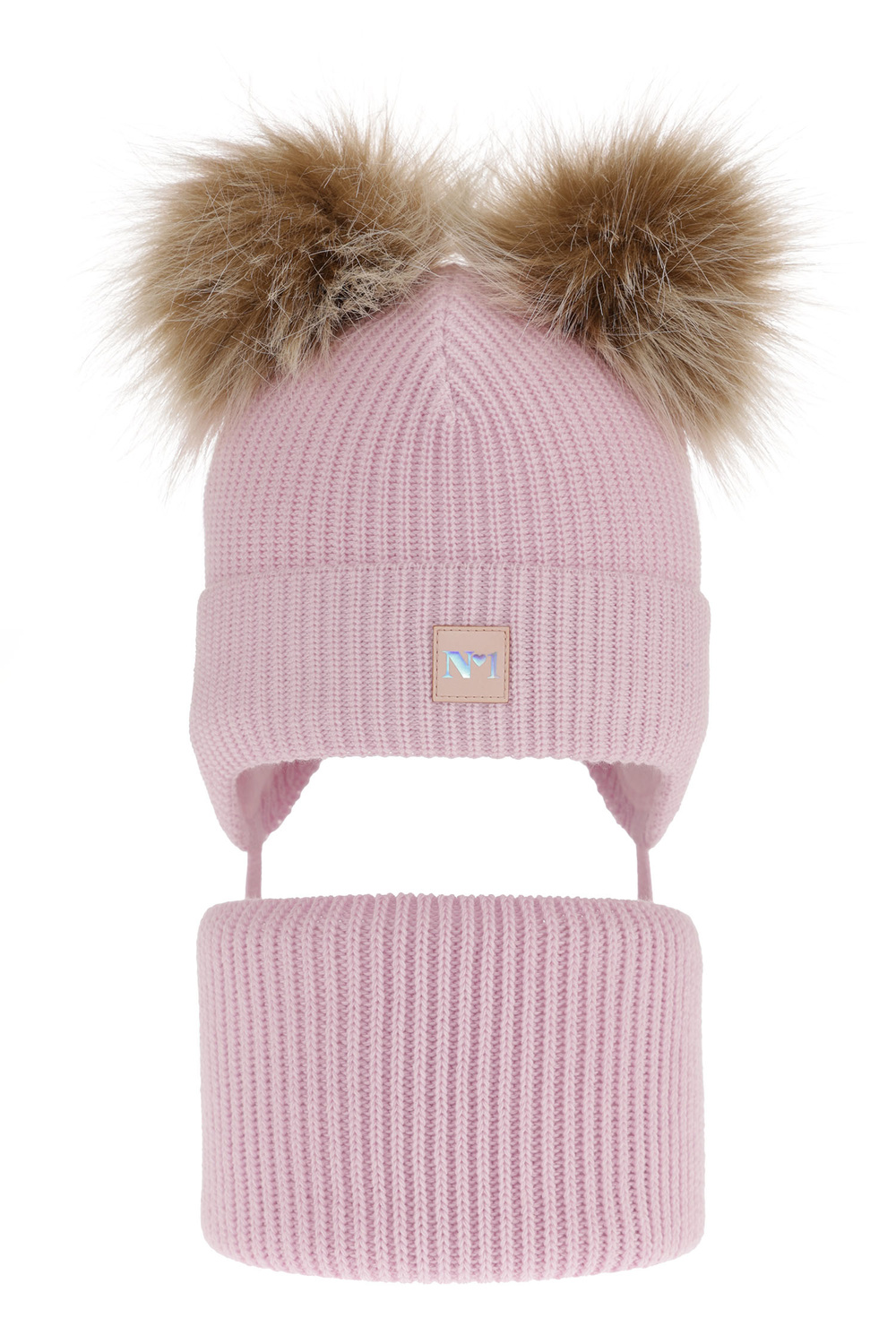 Set invernale bambina: berretto e scaldacollo, lilla, con due pon pon, con lacci, Kiara