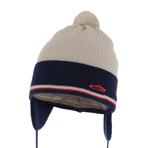 Berretto autunno/primavera bambino, beige, con pompon, con lacci, Jacob