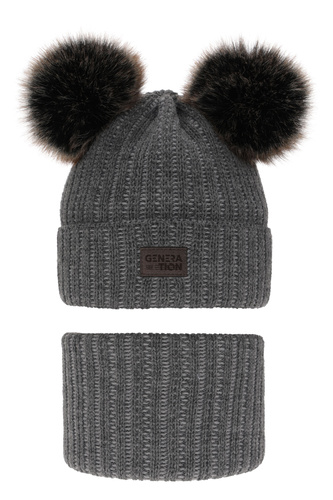 Set invernale bambino: berretto e scaldacollo, grigio, con due pon pon, Tokio