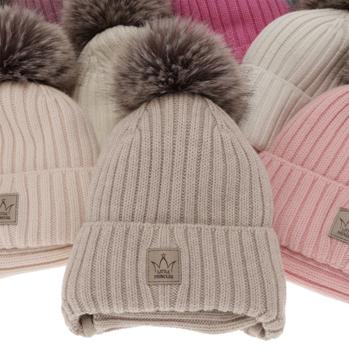 Set invernale bambina: berretto e scaldacollo, beige, 100% Lana Merino, foderato in pile, con pompon, con lacci, Martina