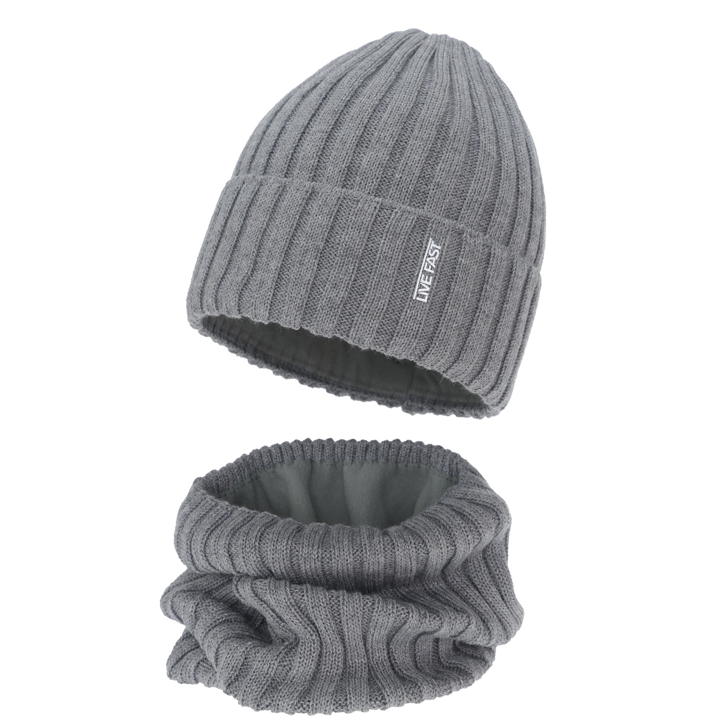 Set invernale bambino (berretto e scaldacollo), beige, con lana merino, foderato in pile, Banasko