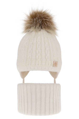Set invernale bambina: berretto e scaldacollo, crema, con pompon, Passa