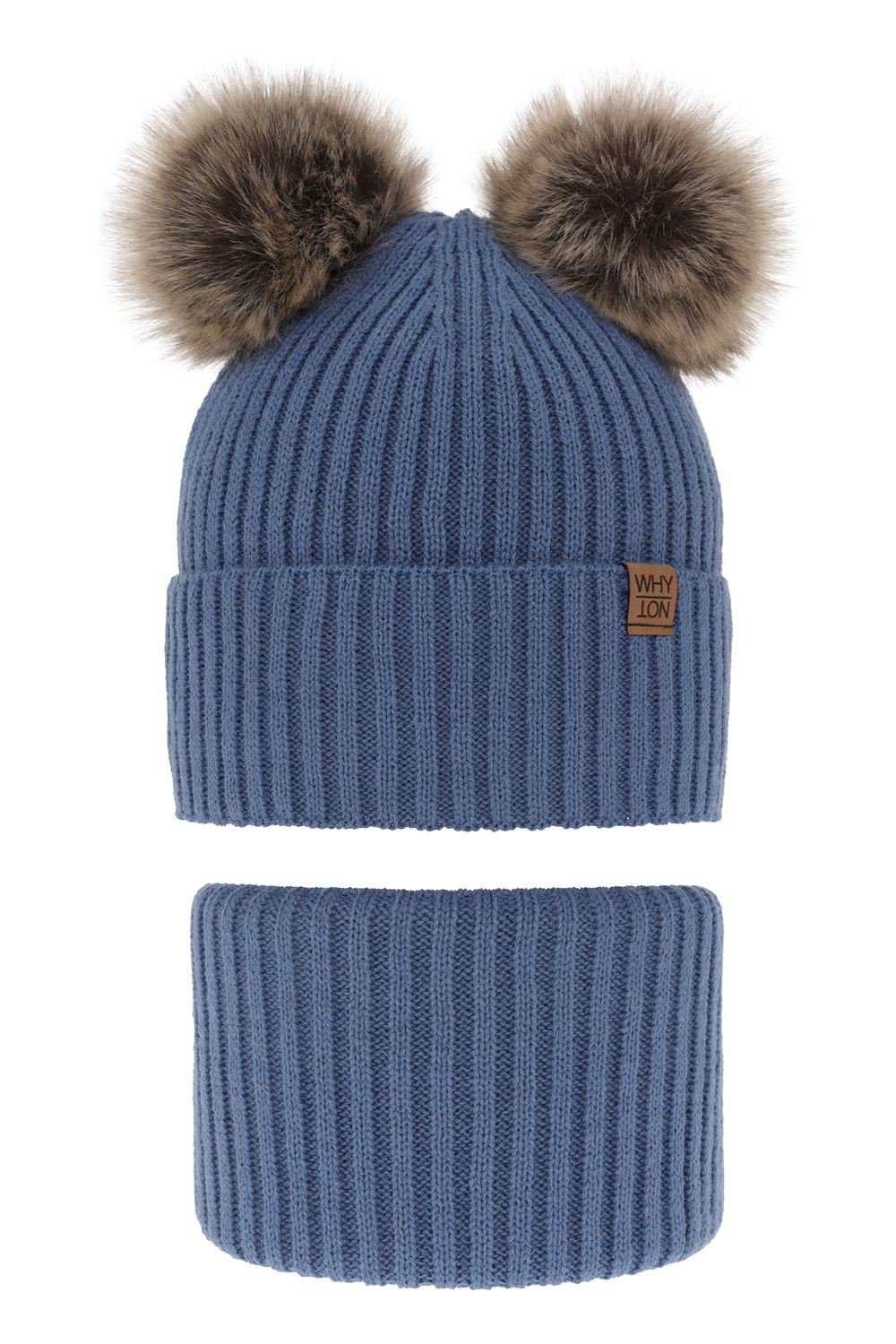 Set invernale bambino: berretto e scaldacollo, blu, con due pon pon, Oxford