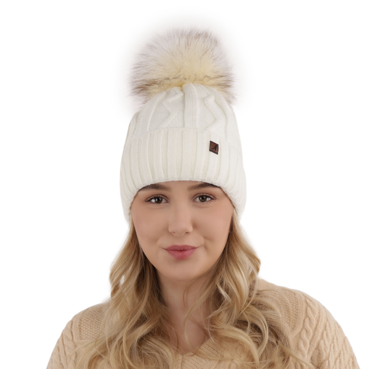 Berretto invernale donna, beige, con pompon, Renika