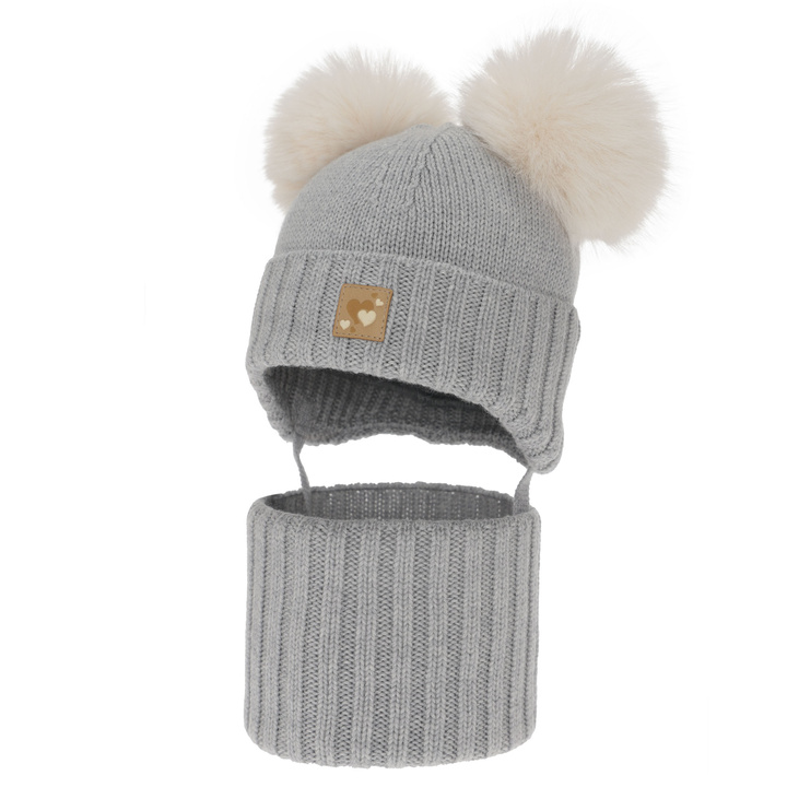 Set cappello e scaldacollo bambina, invernale, grigio, 100% lana merino, foderato pile di lana, Ronia