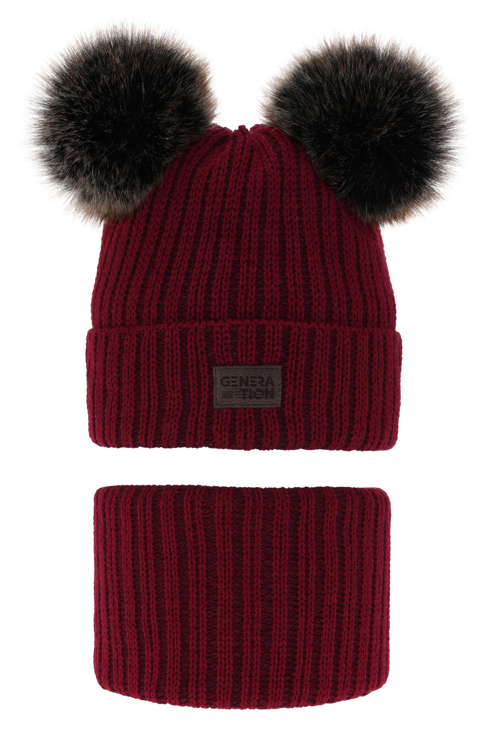 Set invernale bambino: berretto e scaldacollo, rosso, con due pon pon, Tokio