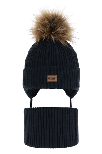 Set invernale bambino: berretto e scaldacollo, blu navy, con pompon, Eger