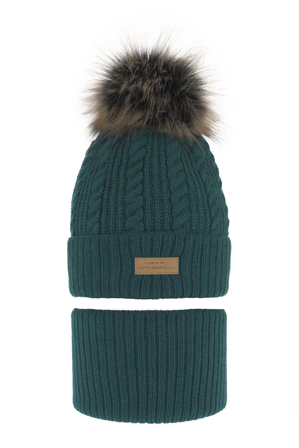 Set invernale bambina: berretto e scaldacollo, verde smeraldo, con pompon, Alika