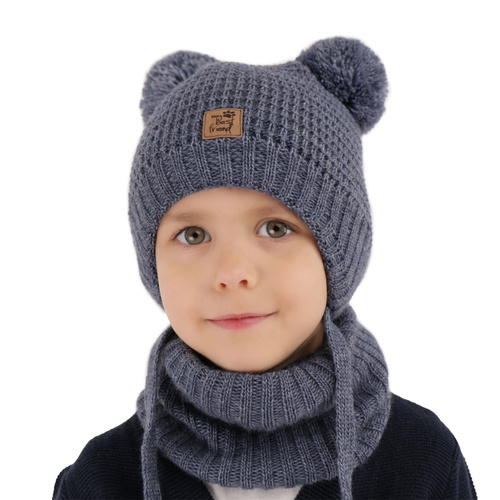 Set invernale bambino: berretto e scaldacollo, blu navy, con lacci, con due pon pon, Krispi