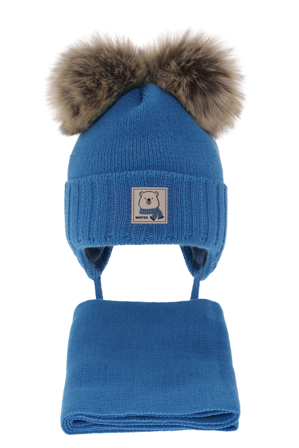 Set invernale bambino: berretto e sciarpa, blu, con due pon pon, con lacci, Jewel
