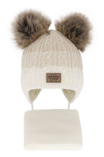 Set invernale bambino: berretto e sciarpa, crema, con due pon pon, Platon