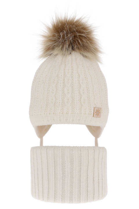 Set invernale bambina: berretto e scaldacollo, crema, con pompon, Passa