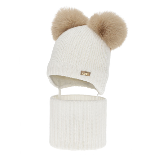 Set cappello e scaldacollo bambina, invernale, bianco, 100% lana merino, foderato pile di lana, Lumia