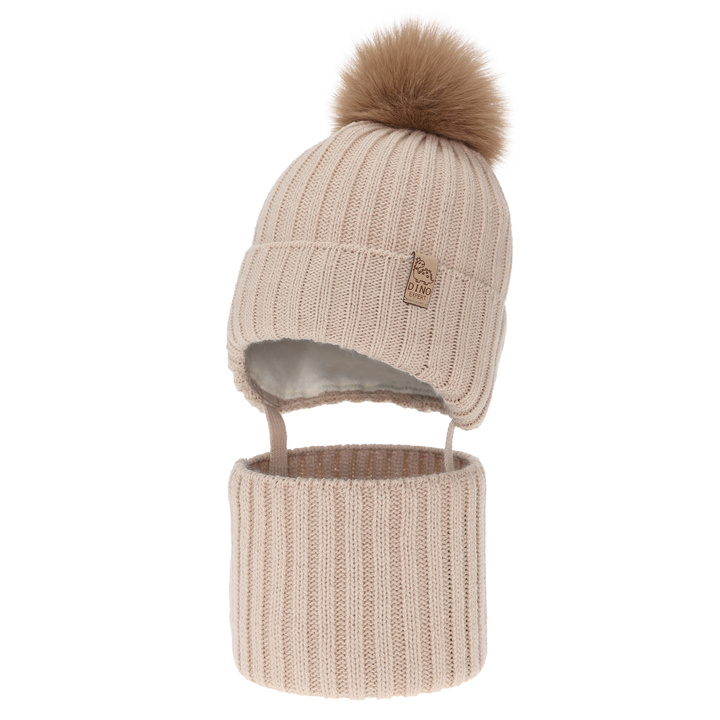 Set invernale bambino: berretto e scaldacollo, beige, con pompon, Bagil