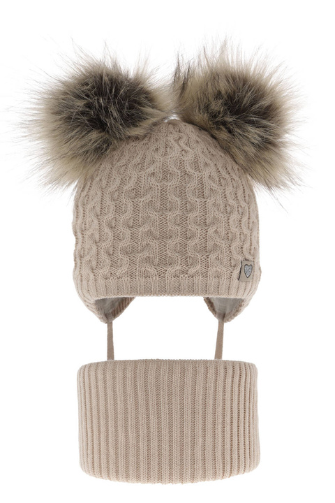 Set invernale bambina: berretto e scaldacollo, beige, con due pon pon, con lacci, Poliana