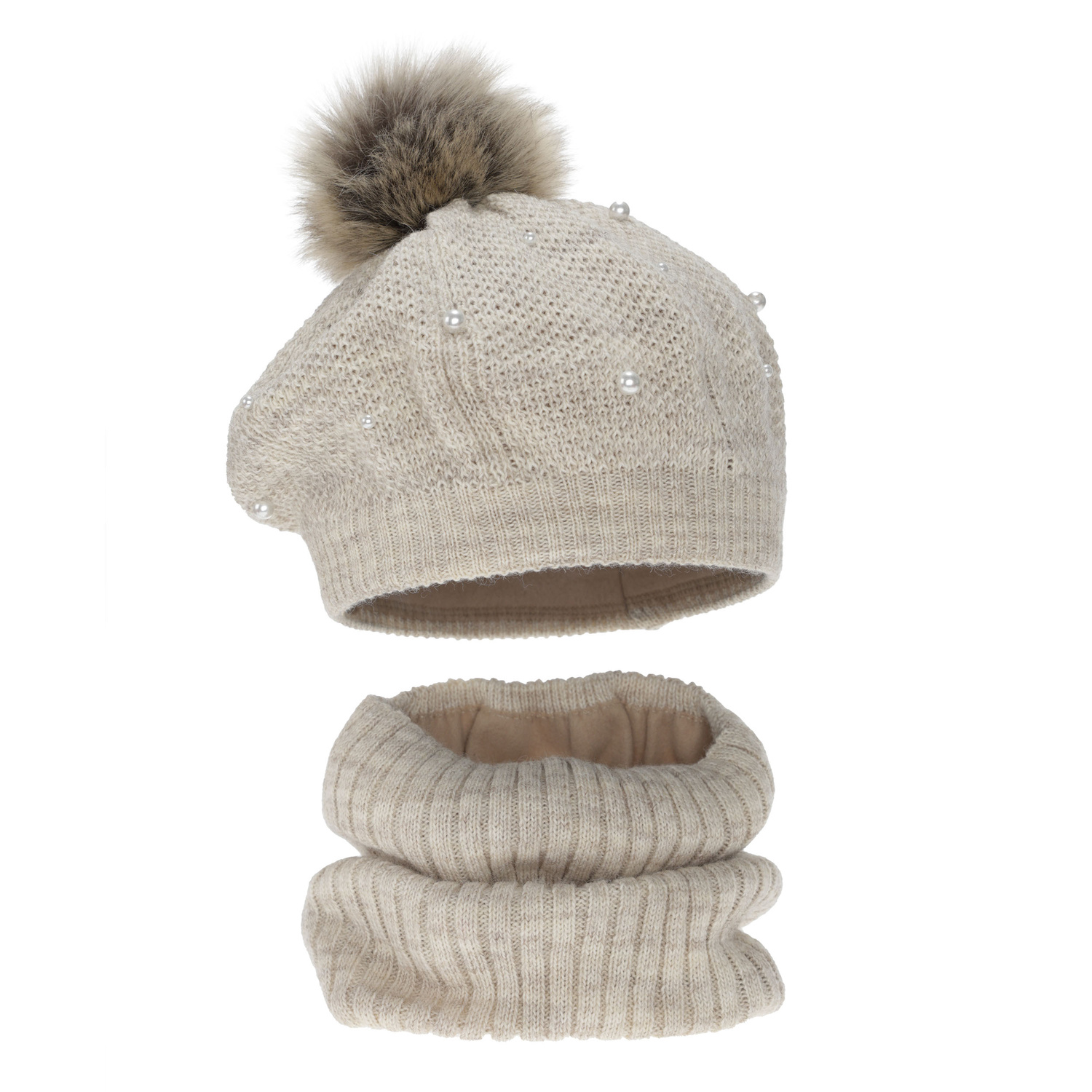 Set invernale bambina: berretto e scaldacollo, beige, foderato in pile, con pompon, Jeanette
