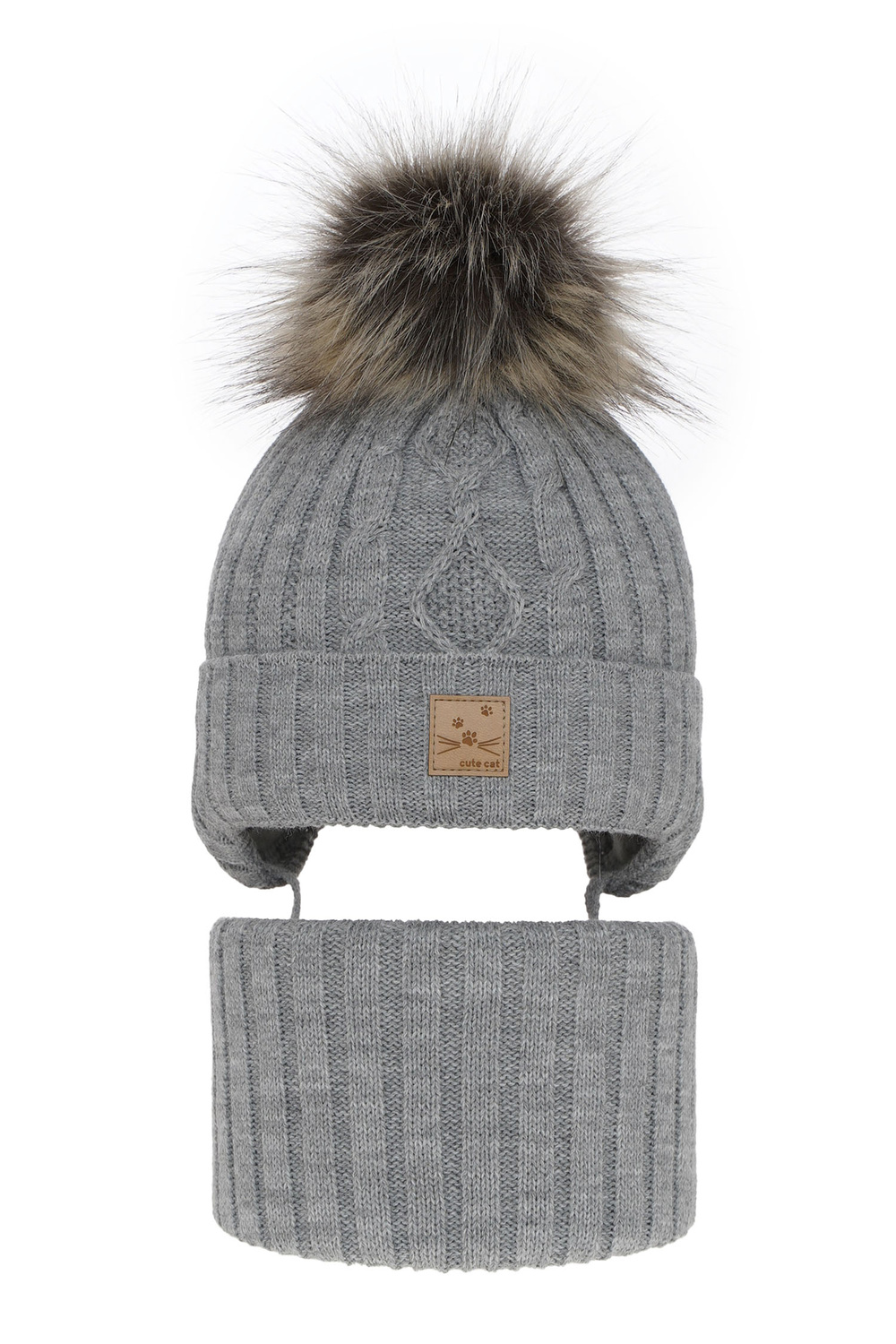 Set invernale bambina: berretto e scaldacollo, grigio, con pompon, Aida