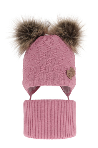 Set invernale bambina: berretto e scaldacollo, rosa, con due pon pon, con lacci, Bettina