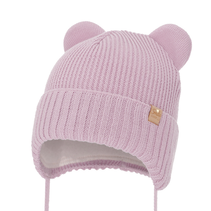 Berretto invernale bambina, viola, con lacci, 100% Lana Merino, Shira