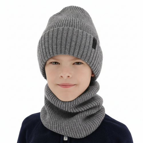 Set invernale bambino: berretto e scaldacollo, 100% Lana Merino, foderato in lana Merino, grigio Harbin