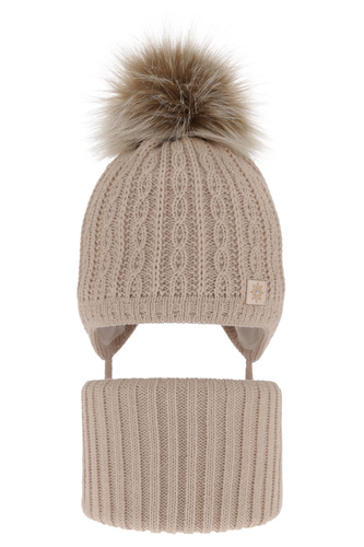 Set invernale bambina: berretto e scaldacollo, beige, con pompon, Passa