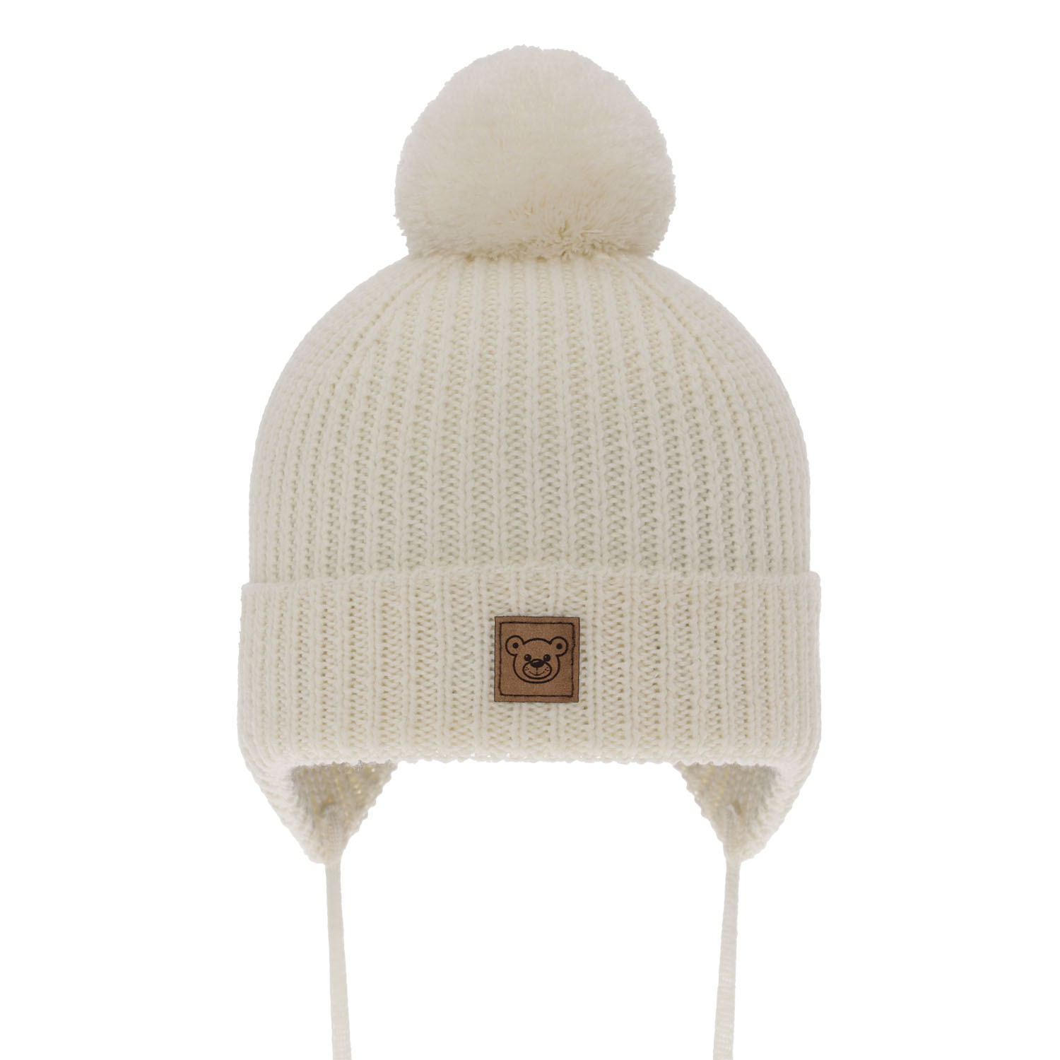 Berretto invernale bambino, crema, 100% Lana Merino, foderato in pile, con lacci, Tacco