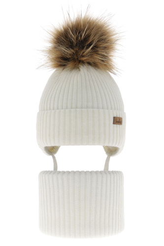 Set invernale bambino: berretto e scaldacollo, crema, con pompon, Bergo