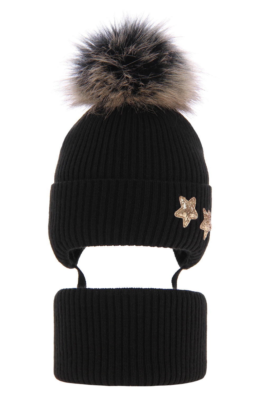 Set invernale bambina: berretto e scaldacollo, nero, con pompon, con lacci, Delicja