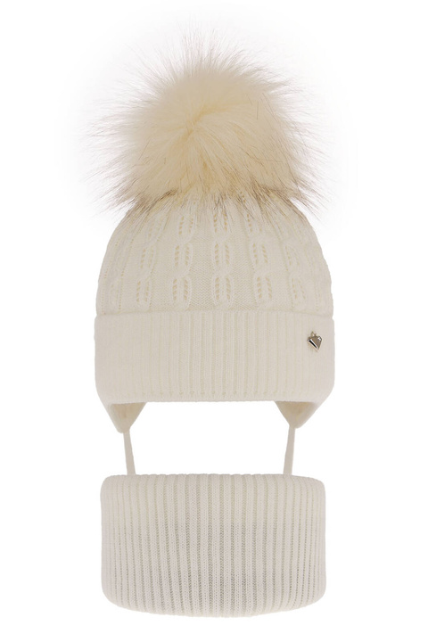 Set invernale bambina: berretto e scaldacollo, crema, con pompon, Tukana