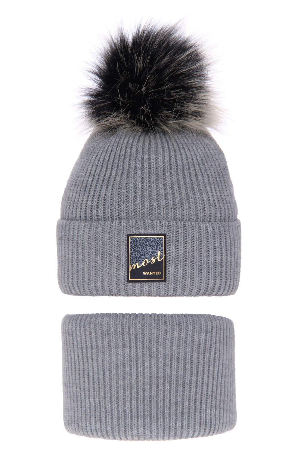 Set invernale bambina: berretto e scaldacollo, grigio, con pompon, Sycylia