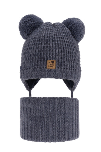 Set invernale bambino: berretto e scaldacollo, blu, con due pon pon, con lacci, Krispi