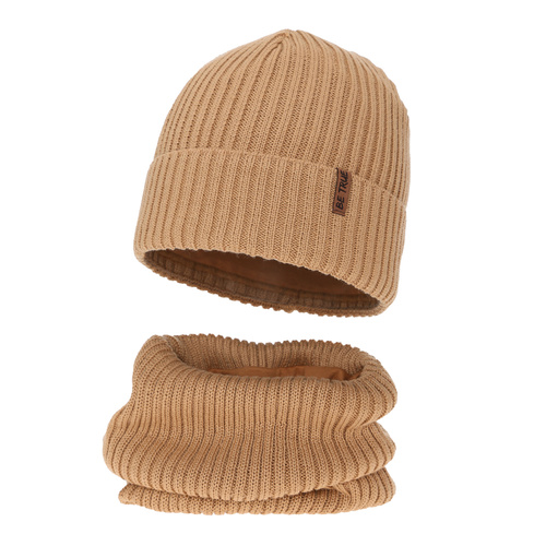 Set invernale bambino (berretto e scaldacollo) foderato in pile, camel, con lana merino, Colton