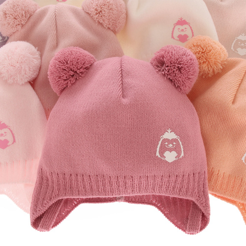 Berretto autunno/primavera bambina, bianca, con due pon pon, con lacci, Bunia