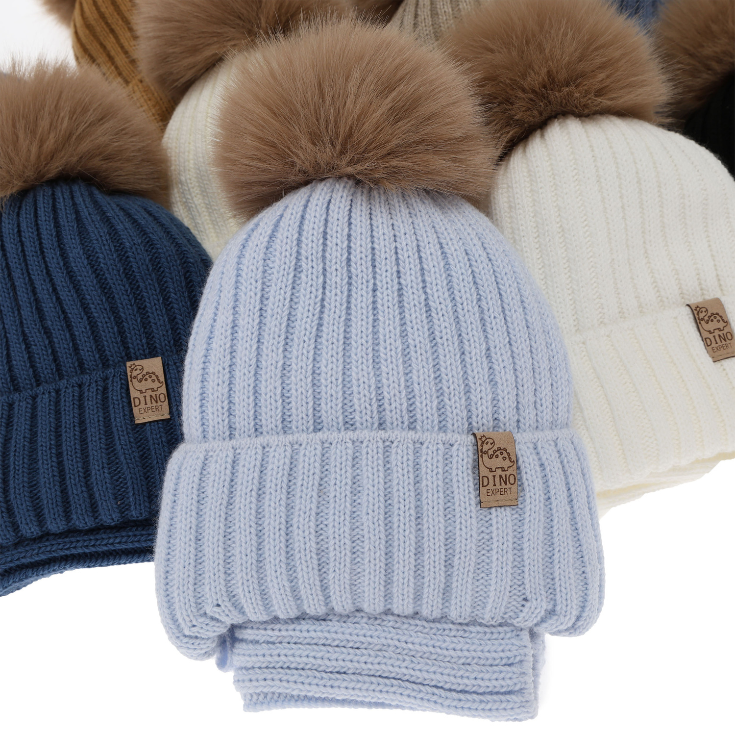 Set invernale bambino: berretto e scaldacollo, bianco, con pompon, Bagil