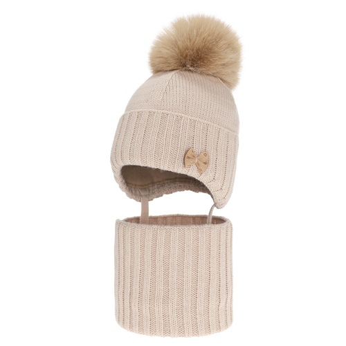 Set invernale bambina: berretto e scaldacollo, beige, con pompon, Talena