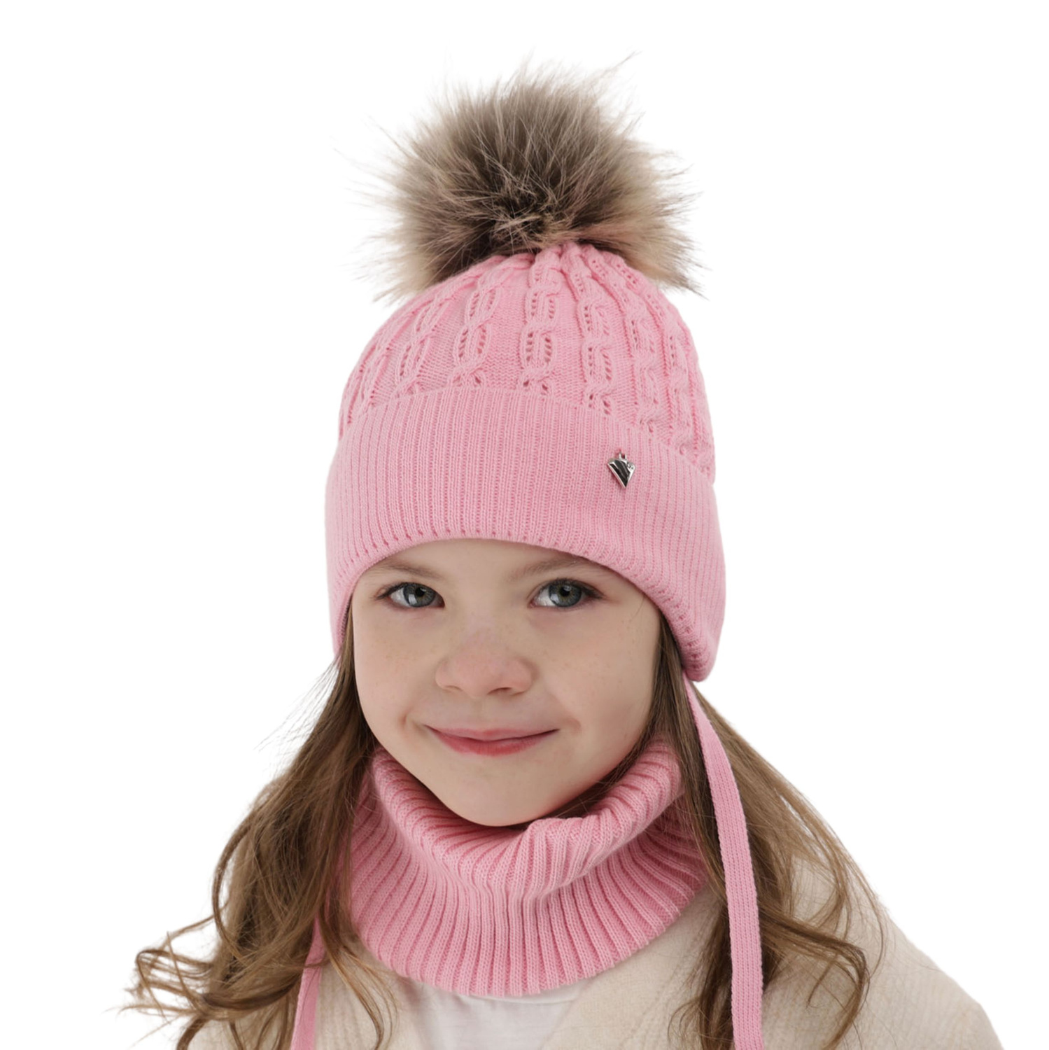 Set invernale bambina: berretto e scaldacollo, rosa, con pompon, Tukana